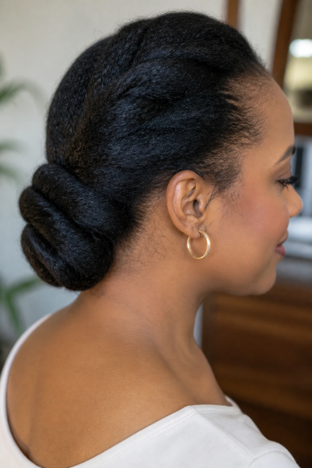 Close-up side profile with angled nape twist bun