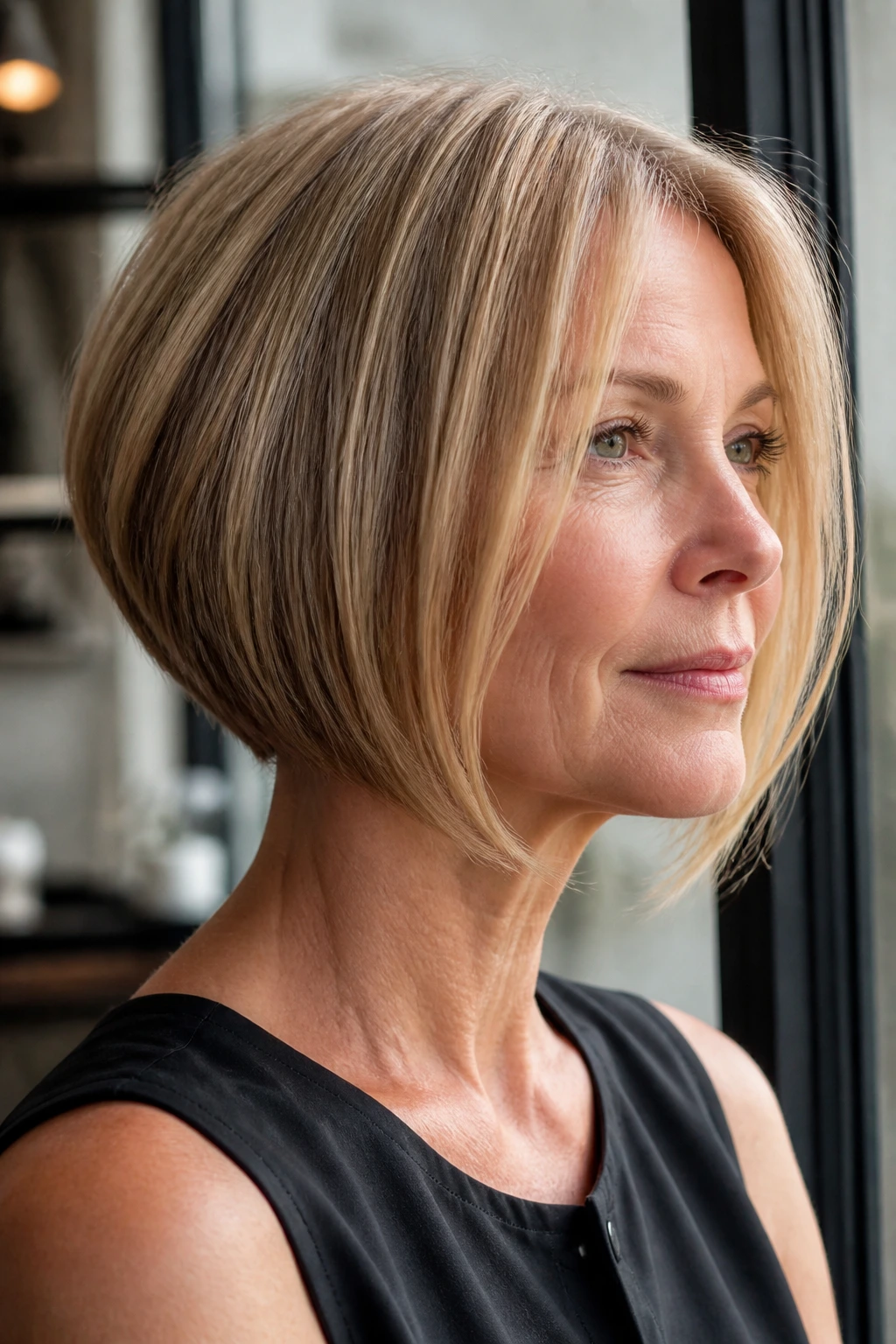 Portrait of a real woman with angled pageboy and longer front framing the jawline.