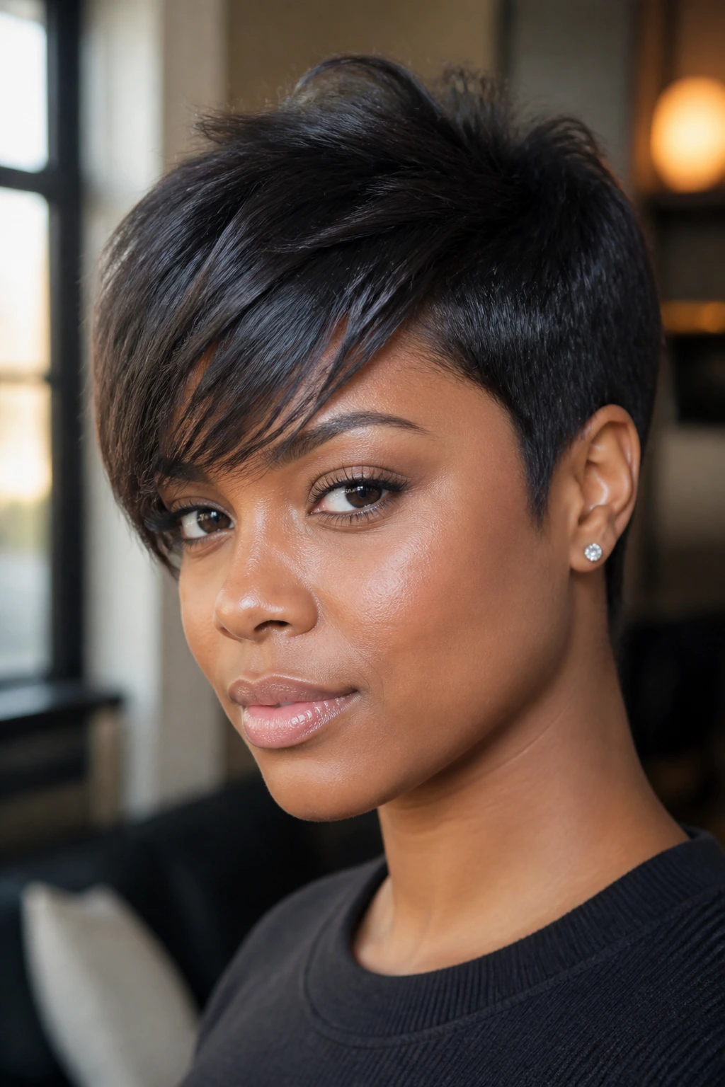Close-up portrait of a real woman with angled pixie and feathered side bangs
