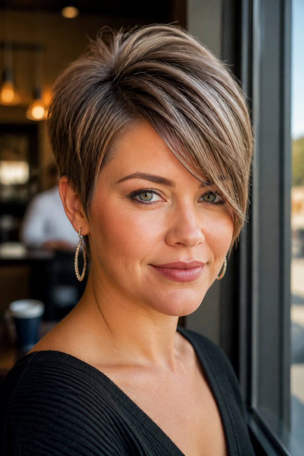 Portrait showing angled pixie cut with side-swept fringe on round face.