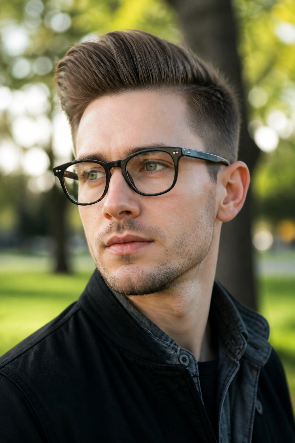 Close-up portrait of a real person with an angled quiff and glasses in a park setting