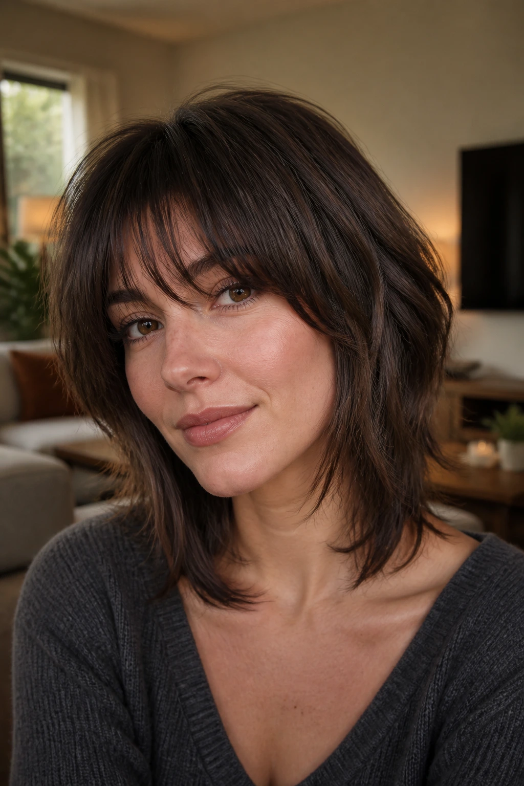 Close-up portrait of a real woman with angled shag haircut and bangs showing movement at the crown
