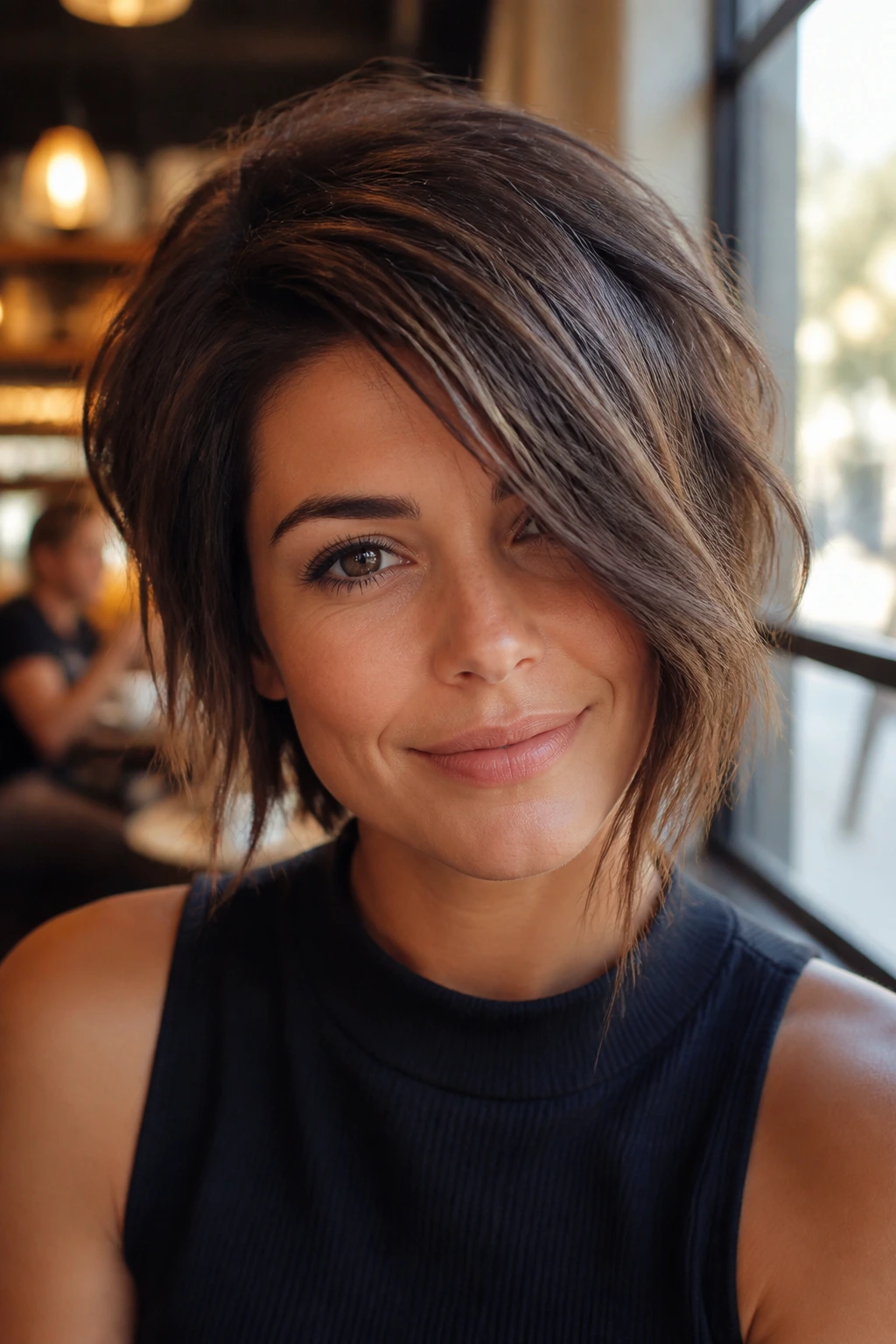 Close-up portrait of a real person with an angled shag and a deep side part