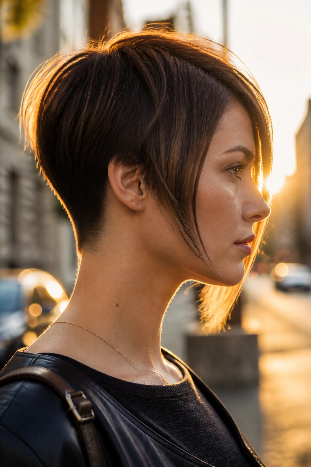 Real person with angled short haircut showing defined silhouette.