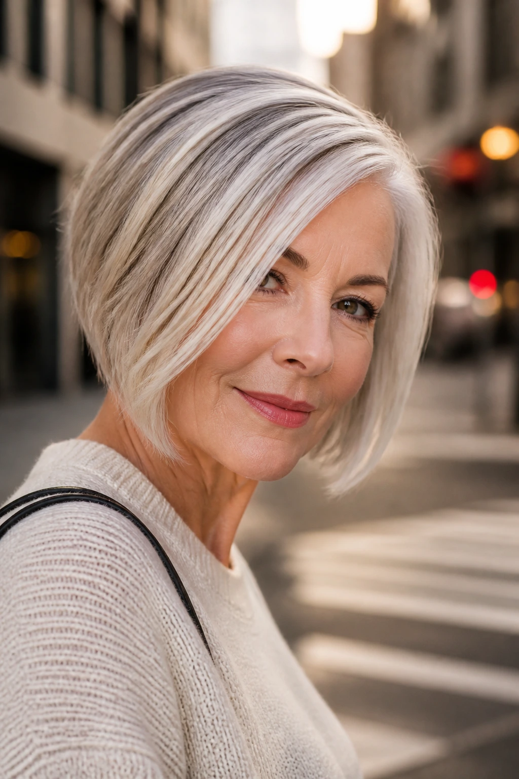 Portrait of a real person with an angled side-part bob and front-edge babylights.