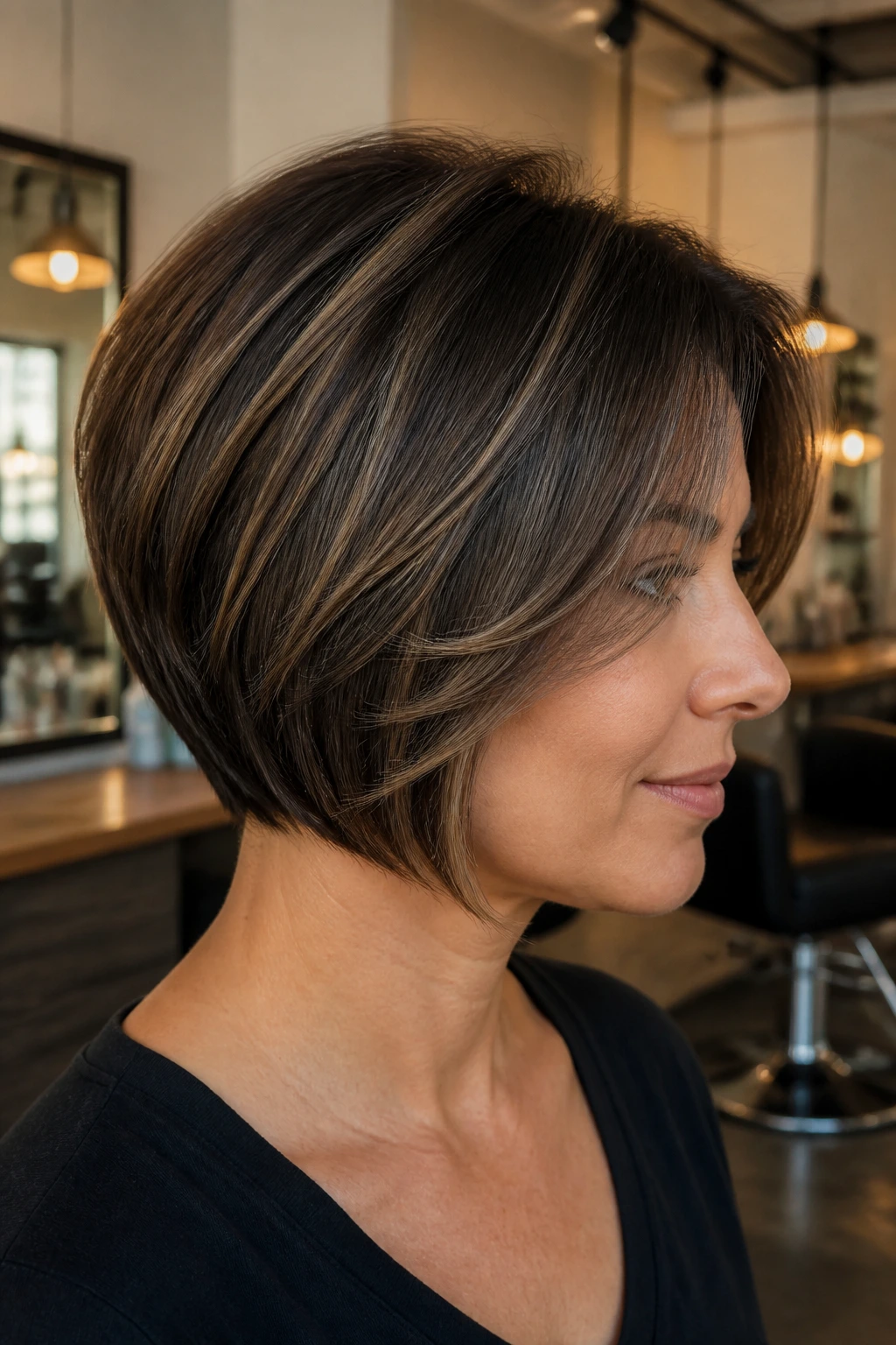 Portrait of a real woman with angled stacked bob and hidden crown layers in a modern hair studio