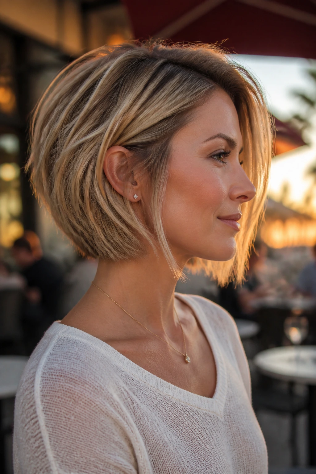 Real woman with angled stack and long front pieces in golden hour outdoor setting
