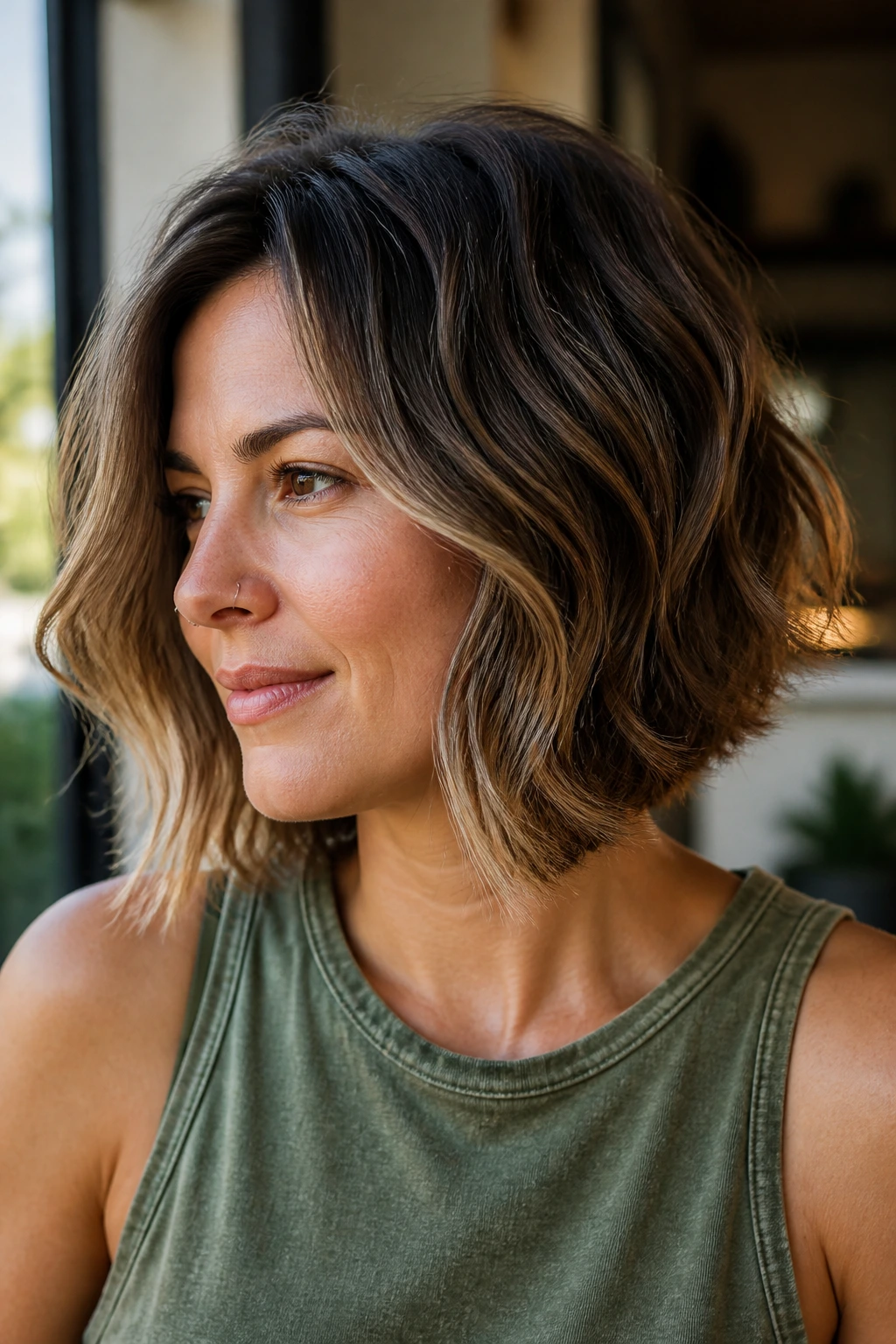 Real woman with an angled swing bob featuring longer front pieces and soft waves.