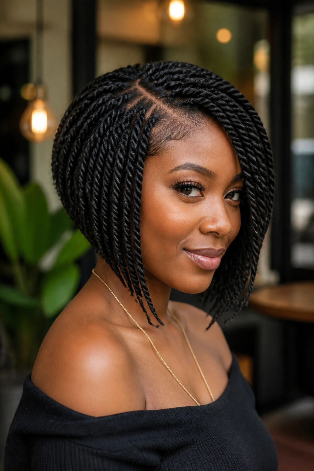 Close-up of a real person with an angled twist bob highlighting the slope from front to back.