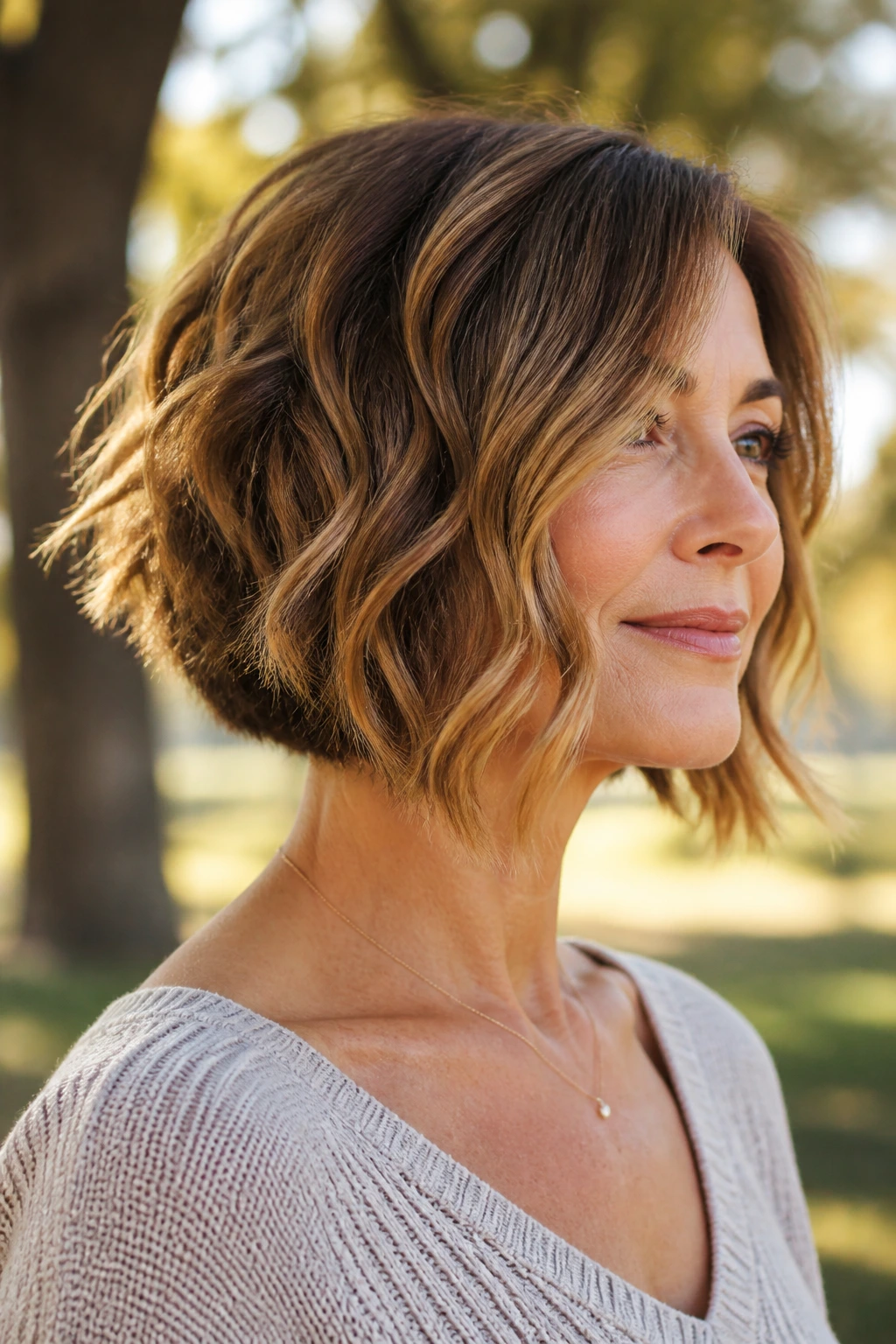 Close-up of a real woman with angled wavy lob and clean nape