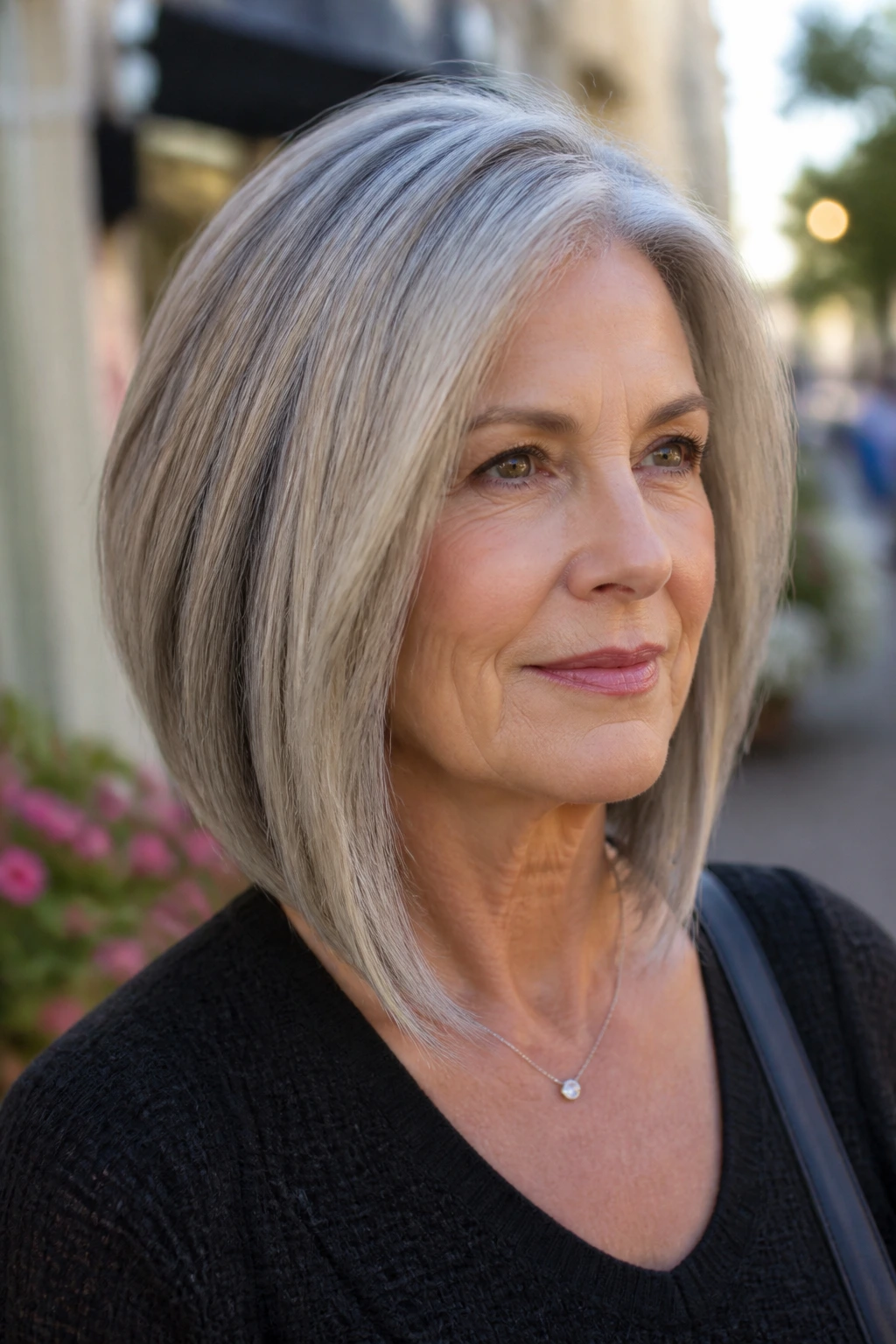 Close-up of a woman with angled lob and longer front pieces framing the face