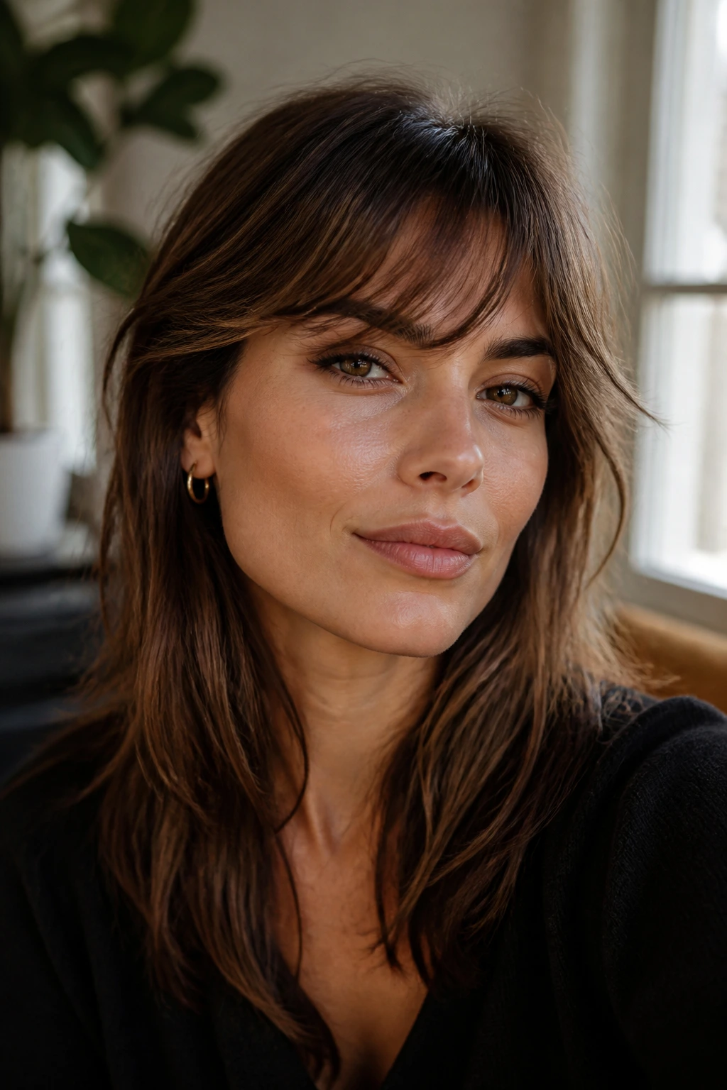 Close-up portrait of a real person with angular jaw and soft swoop bangs in a cozy natural-lit setting