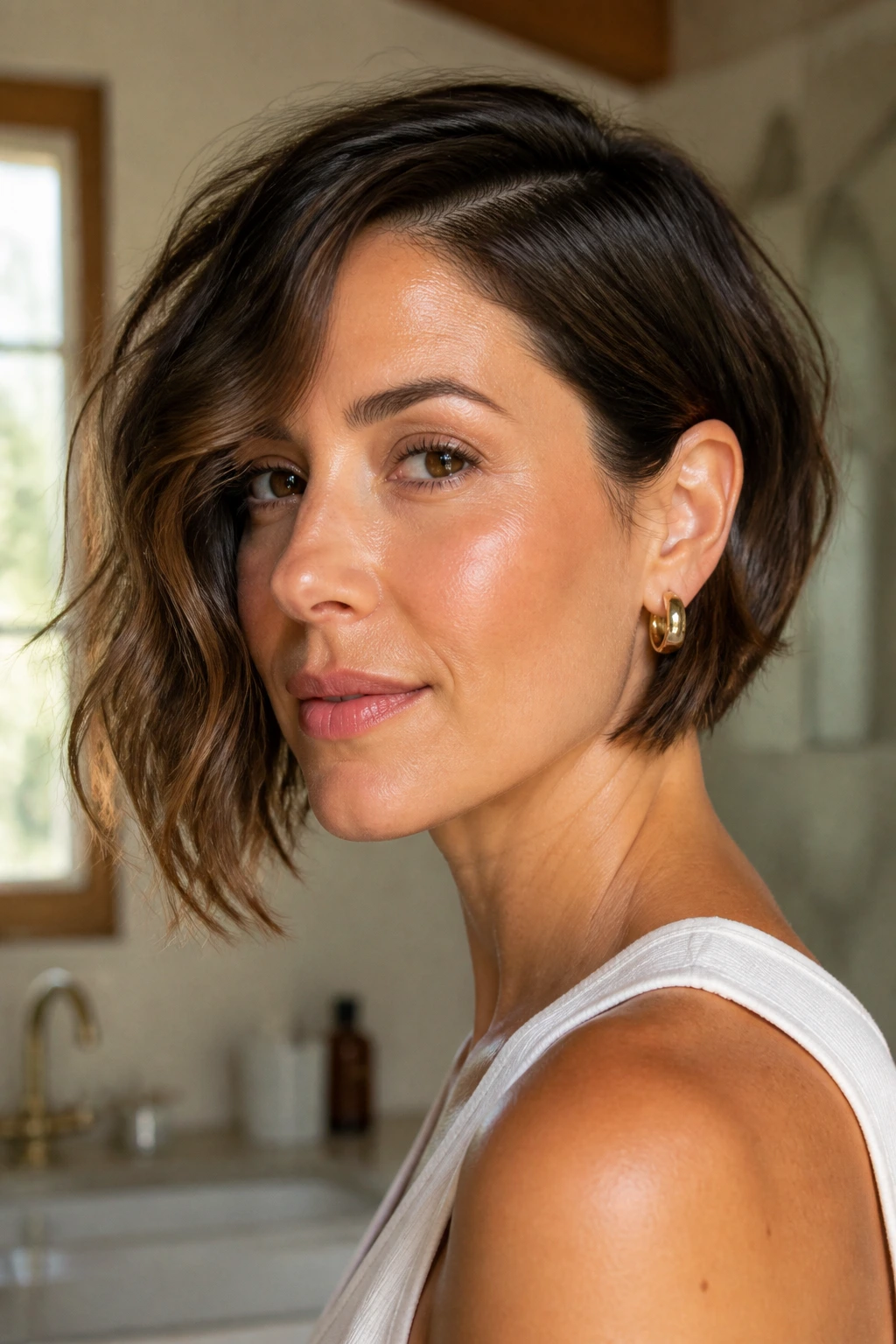 Close-up portrait of a real woman with an angular bob showing a tucked-behind-ear finish