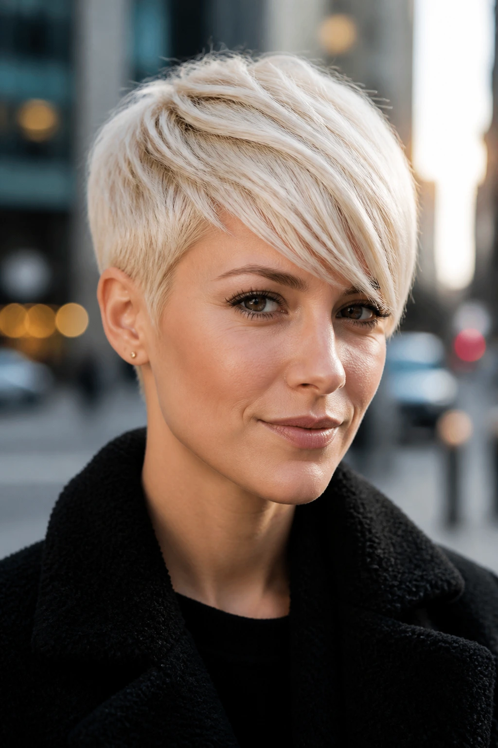 Real woman with angular fringe pixie in platinum, in an urban daylight setting