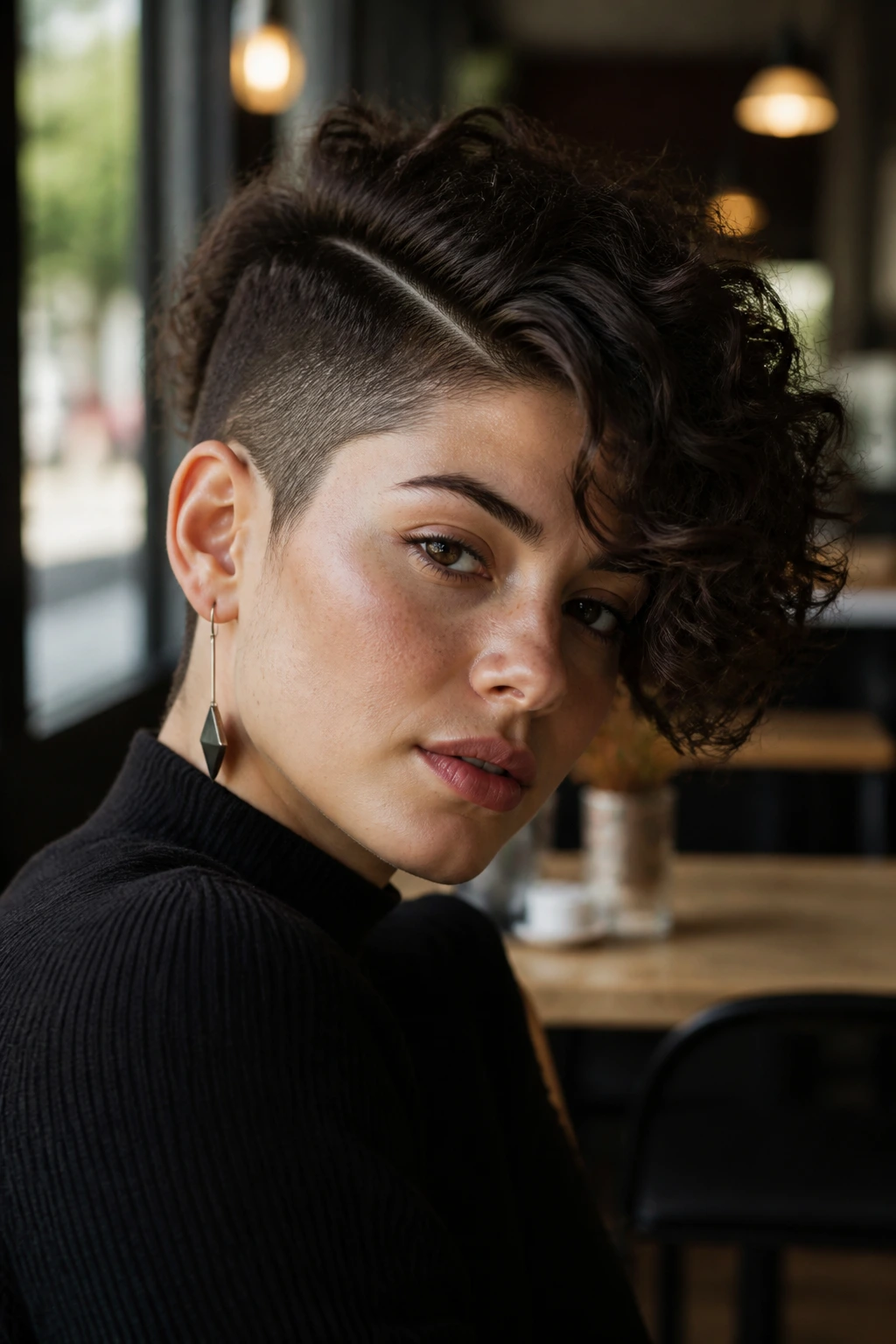 Close-up of a real woman with an angular pixie and clean lines.