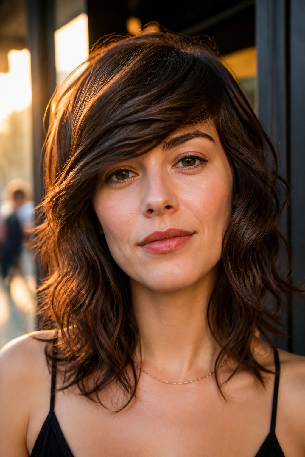Close-up of a real woman with angular swept fringe across the forehead