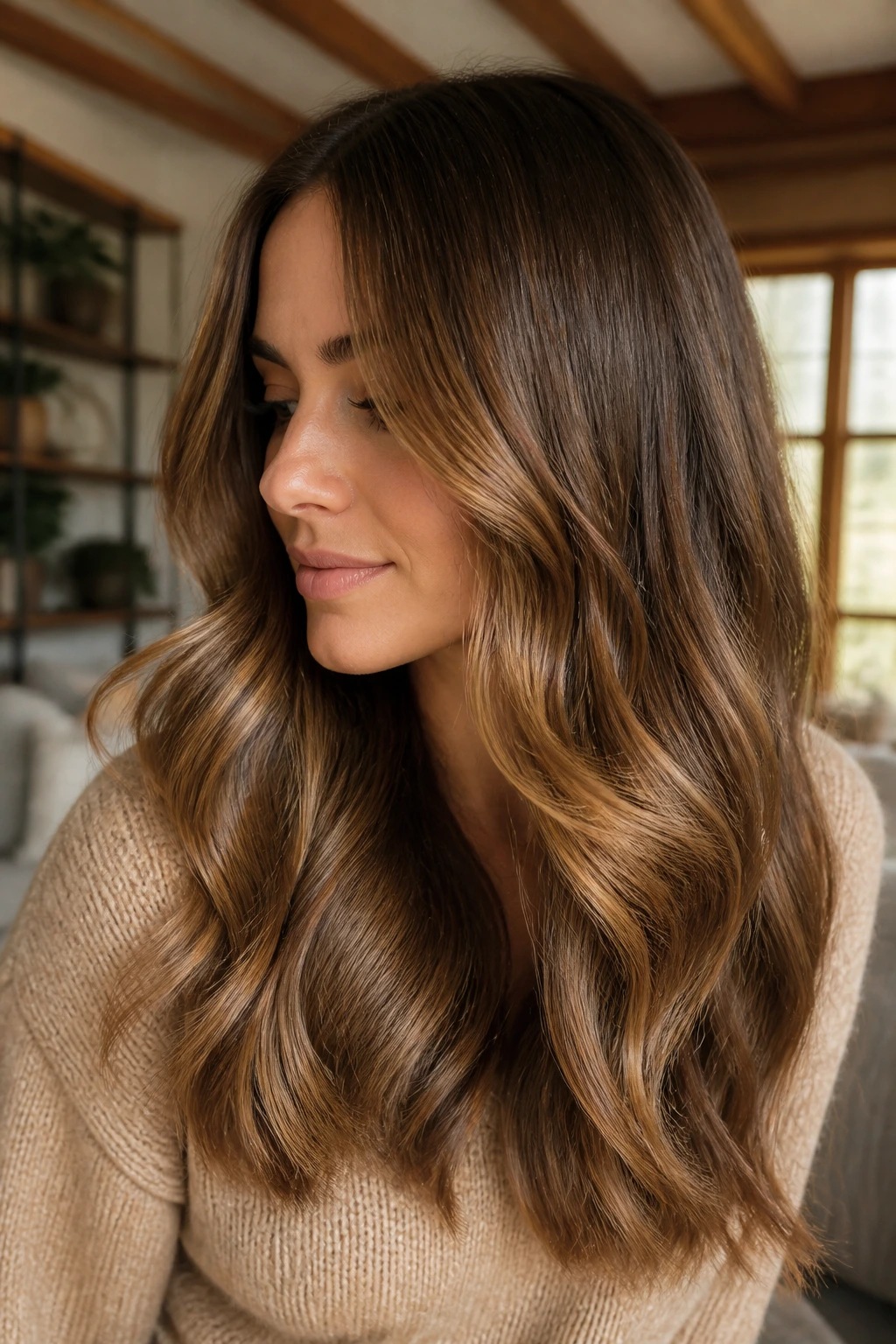 Brunette with antique gold gloss in a cozy living room