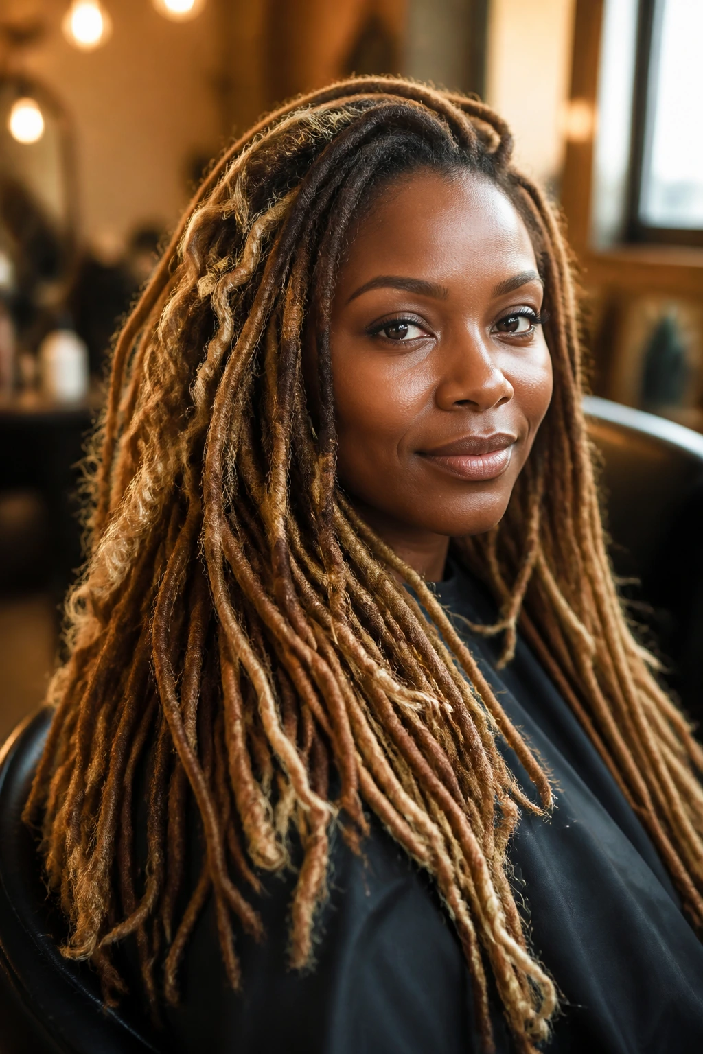 Close-up portrait of a woman with antique gold locs showing deep base with sparse lighter pieces, warm lighting