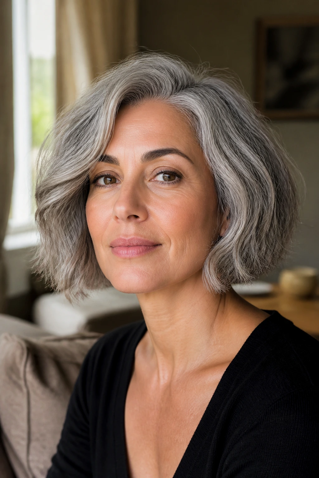 Close-up portrait of a real woman with antique silver bob and airy bend on olive skin in warm window light