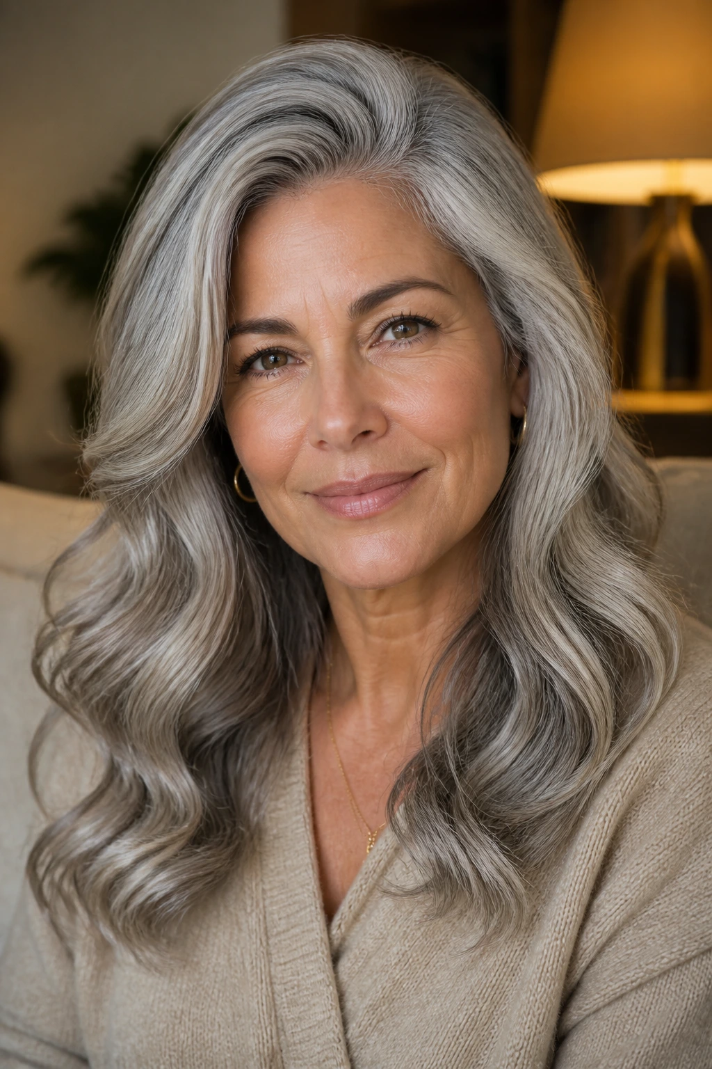 Woman with antique silver waves in a warm living room