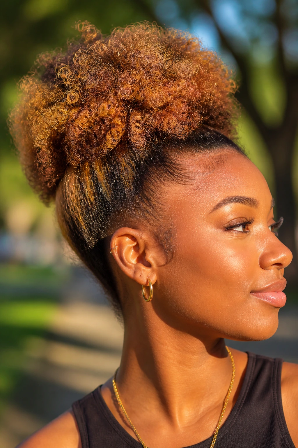 Close-up of a real woman with soft apricot highlights on an afro puff