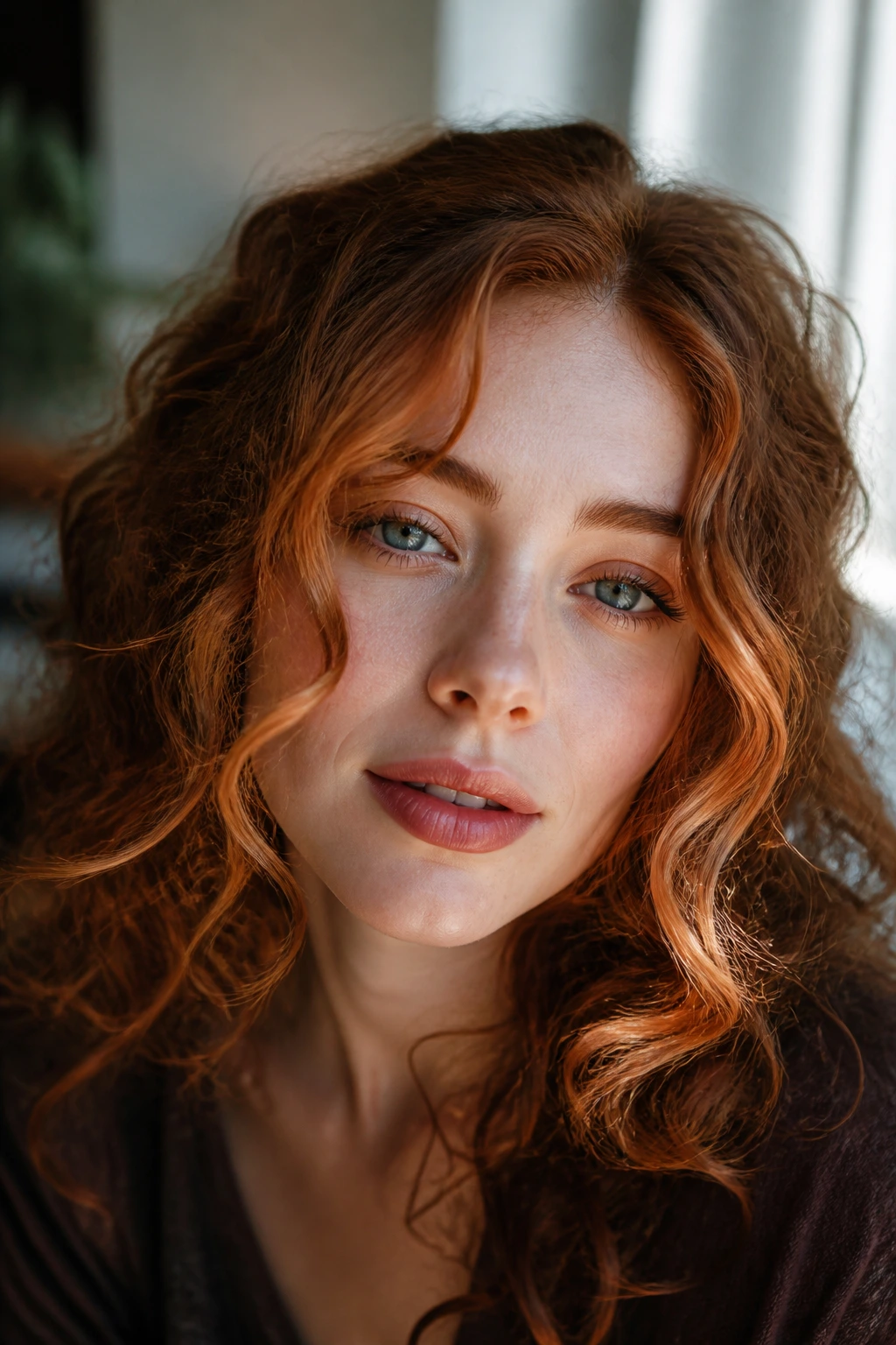 Close-up of apricot auburn face-framing pieces around the cheeks on a real person