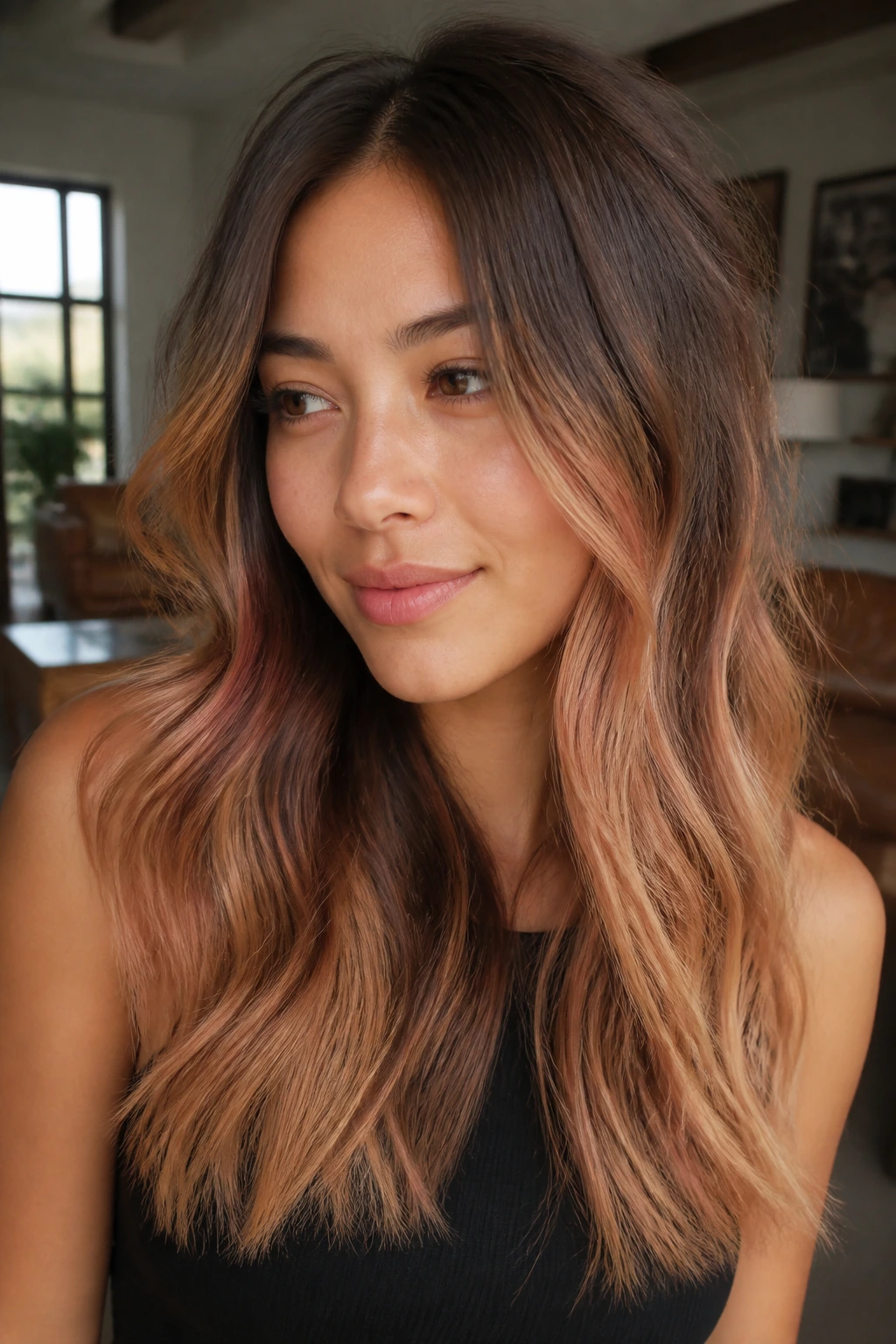 Close-up of medium brunette hair with soft apricot balayage.