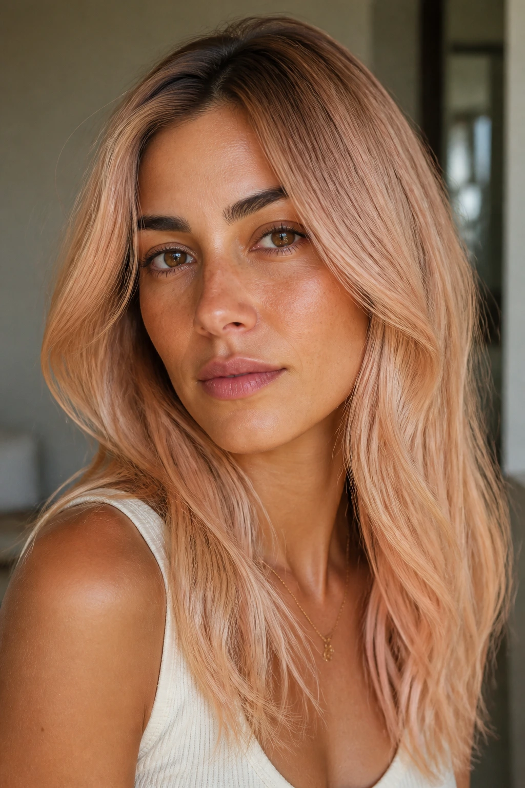 Close-up portrait of a person with apricot beige blonde on olive skin