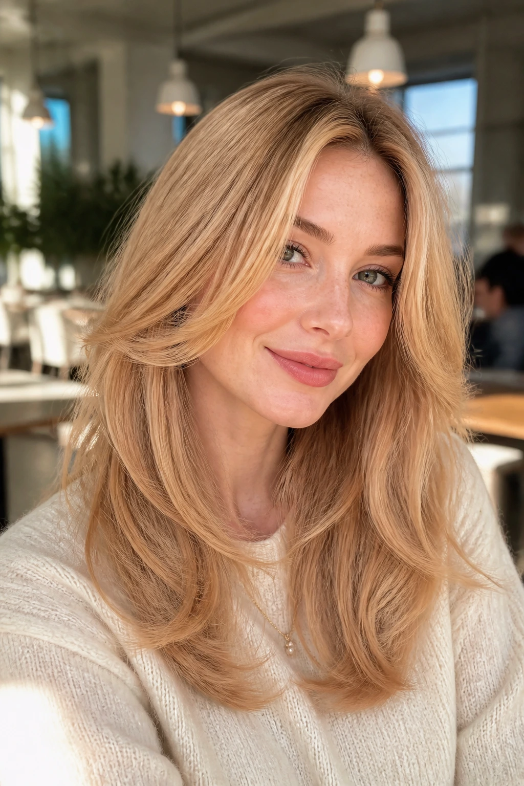 Portrait of person with apricot beige blowout layers