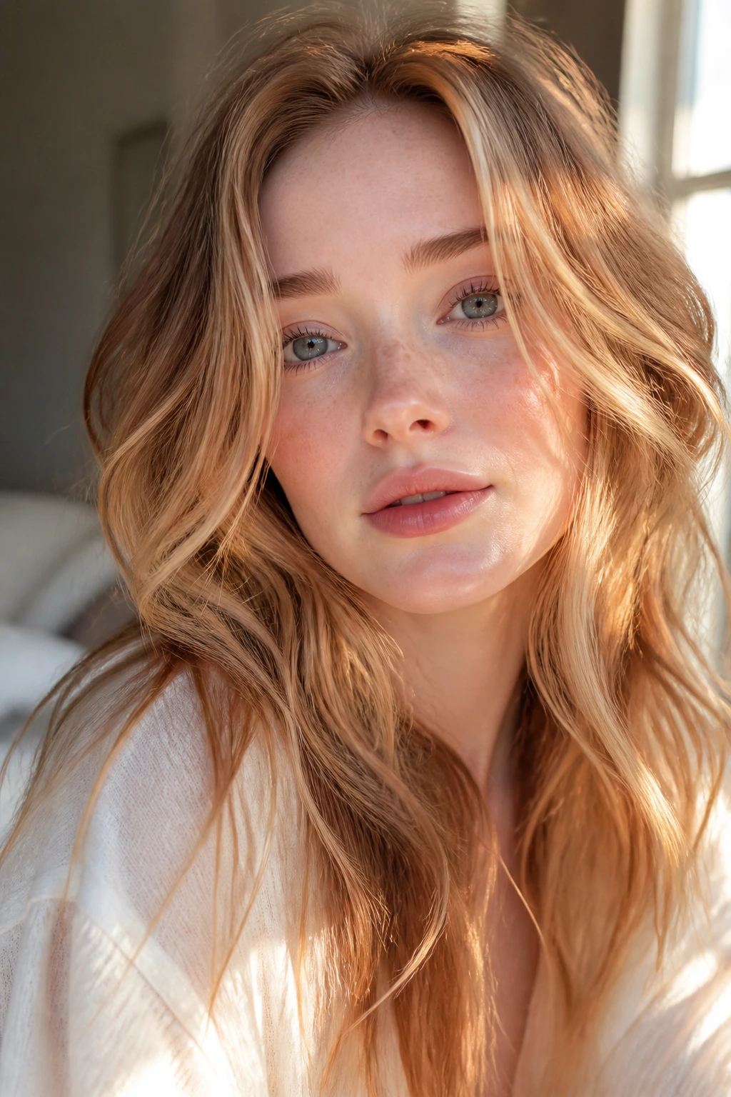 Close-up portrait of a real woman with apricot beige hair highlights around the face
