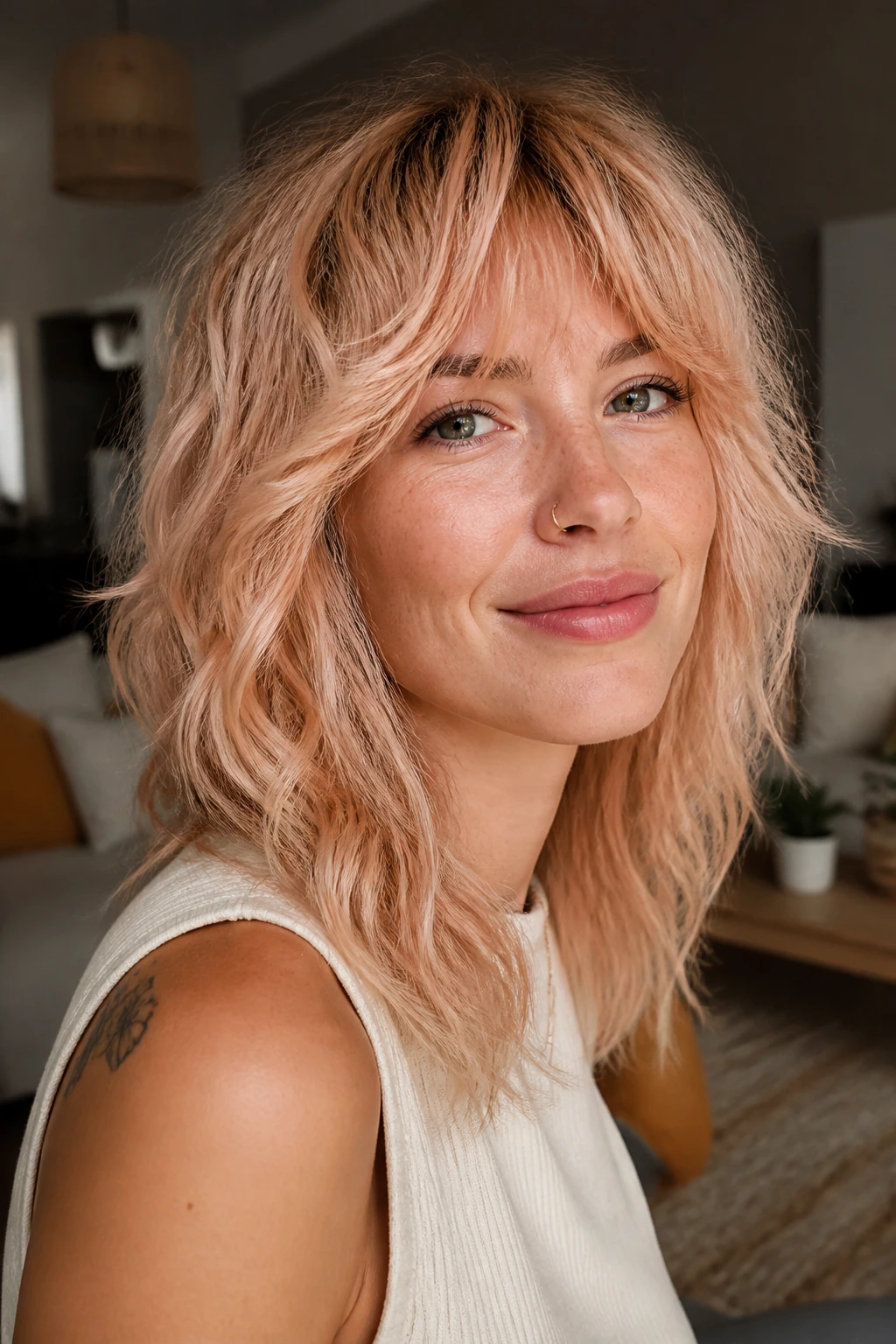 Close-up of a woman with apricot beige wavy shag and layered texture