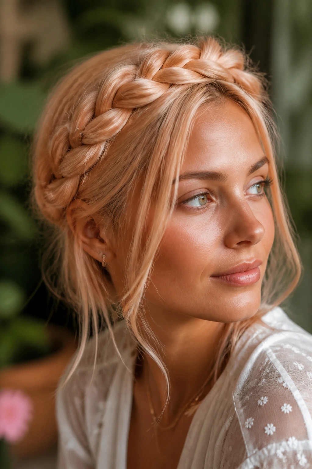 Close-up of Apricot Blonde Braided Crown on a real woman with a loose crown.