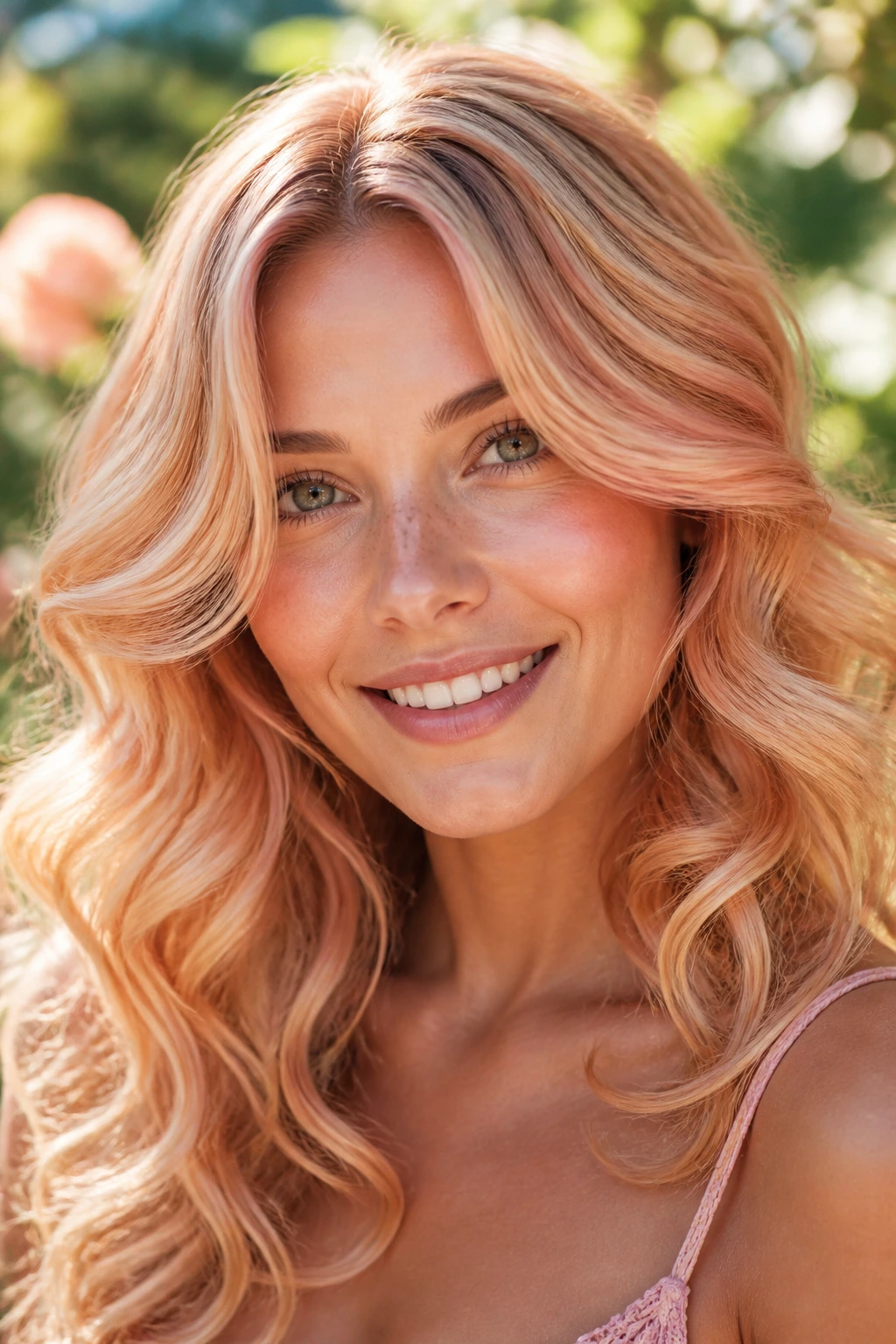 Close-up of apricot blonde soft curls on a real woman in spring light.
