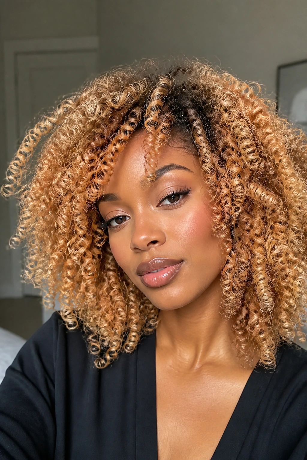 Close-up of apricot blonde curls on a deep-skinned person in natural light.