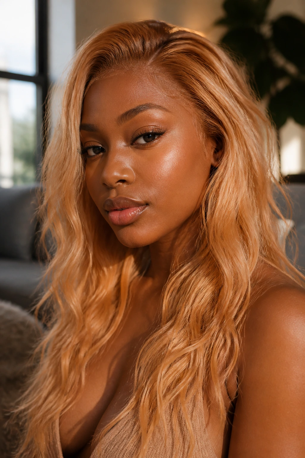 Close-up of apricot blonde hair in warm window light