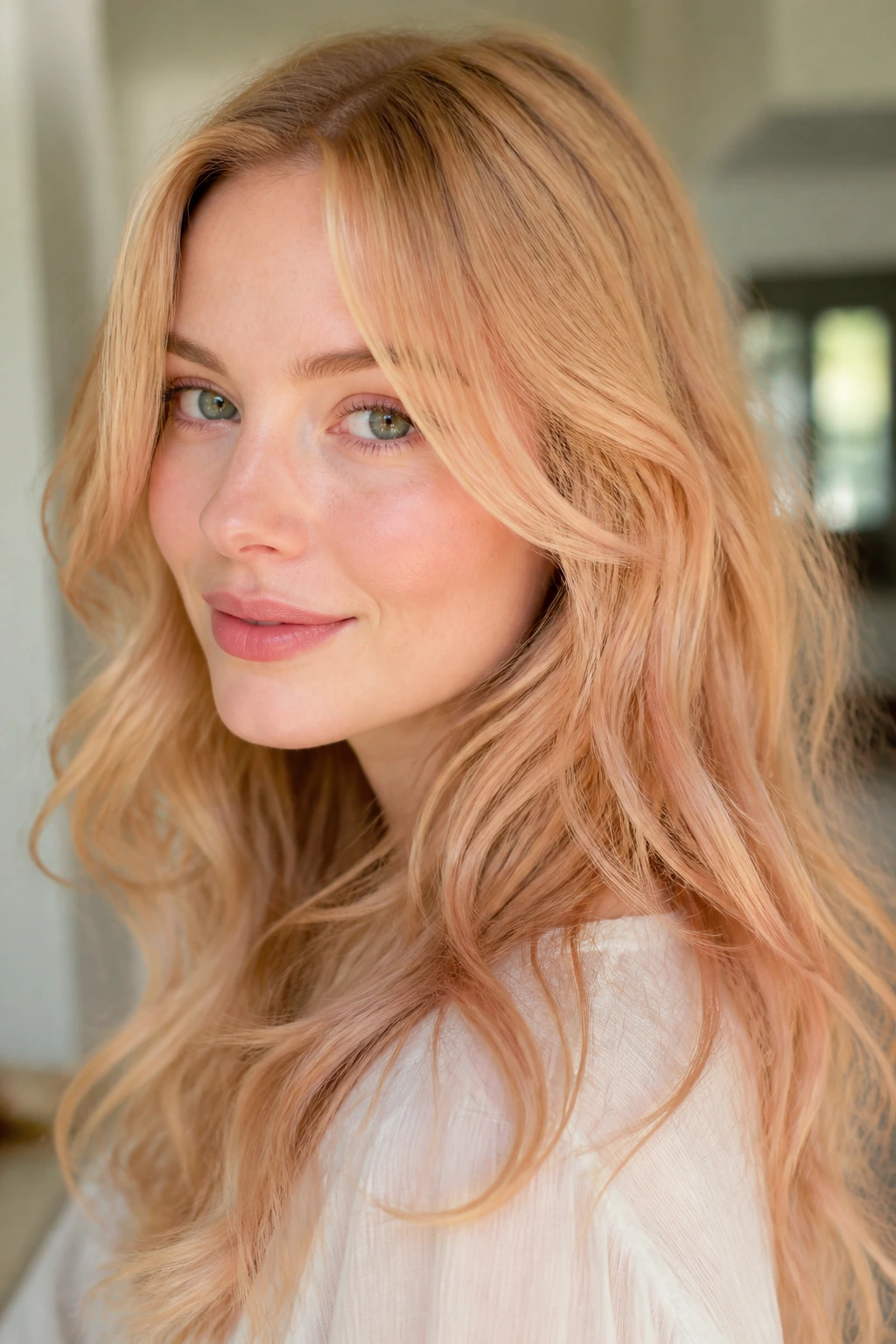 Close-up portrait of a real woman with apricot blonde hair blending peach, gold, and blonde