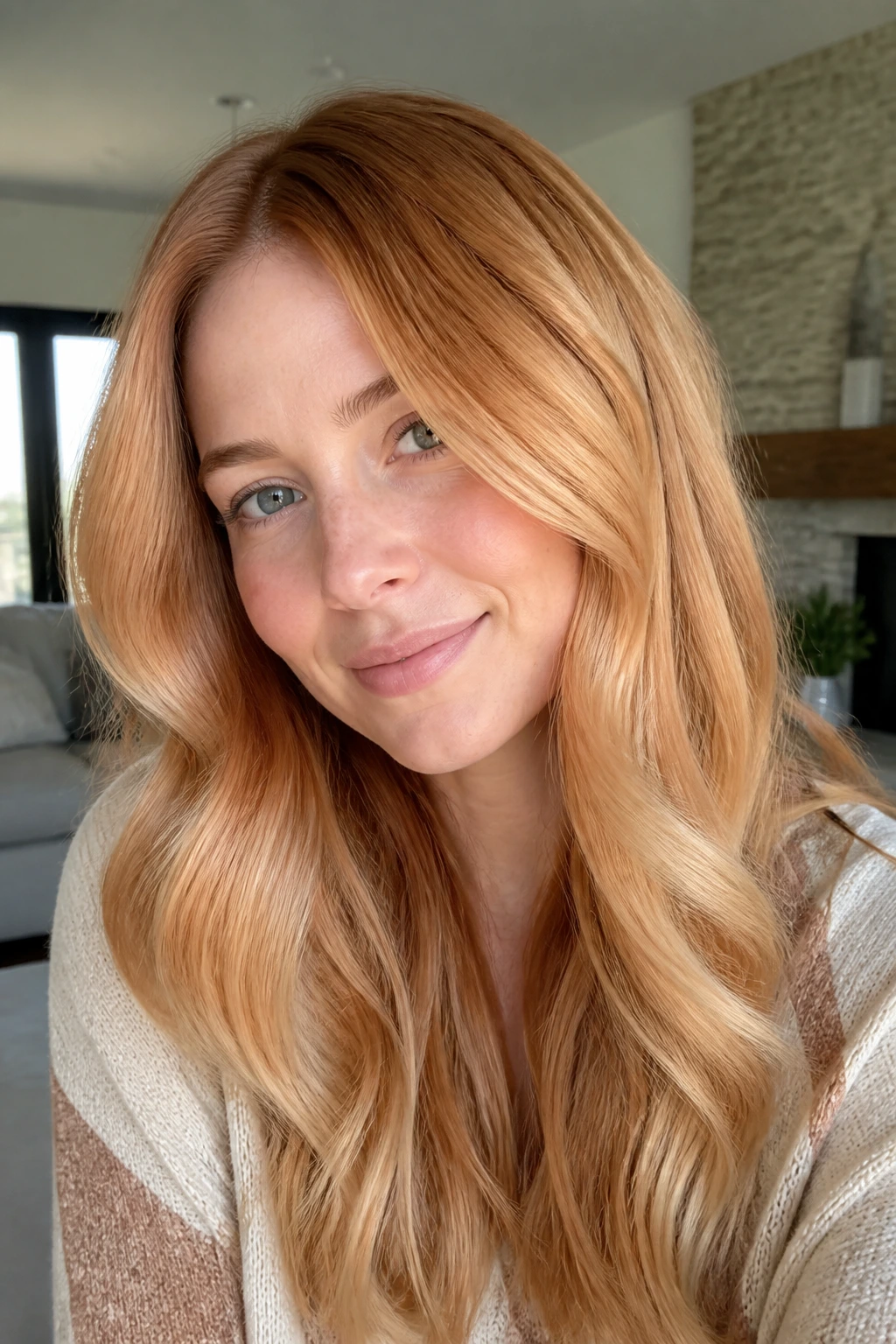 Close-up of a real woman's hair with apricot blonde melt near the face in soft indoor light