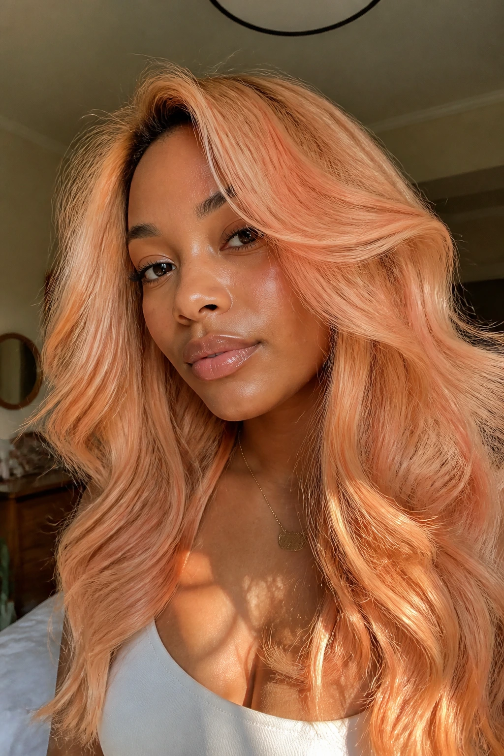 Real person with apricot blonde hair in warm light
