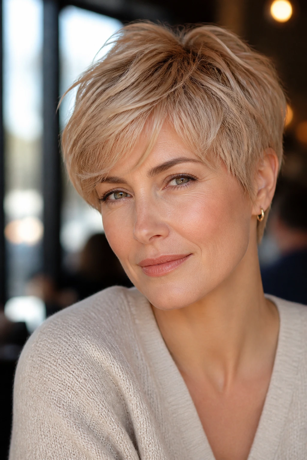 Real woman with apricot blonde pixie and airy layers in cafe light.