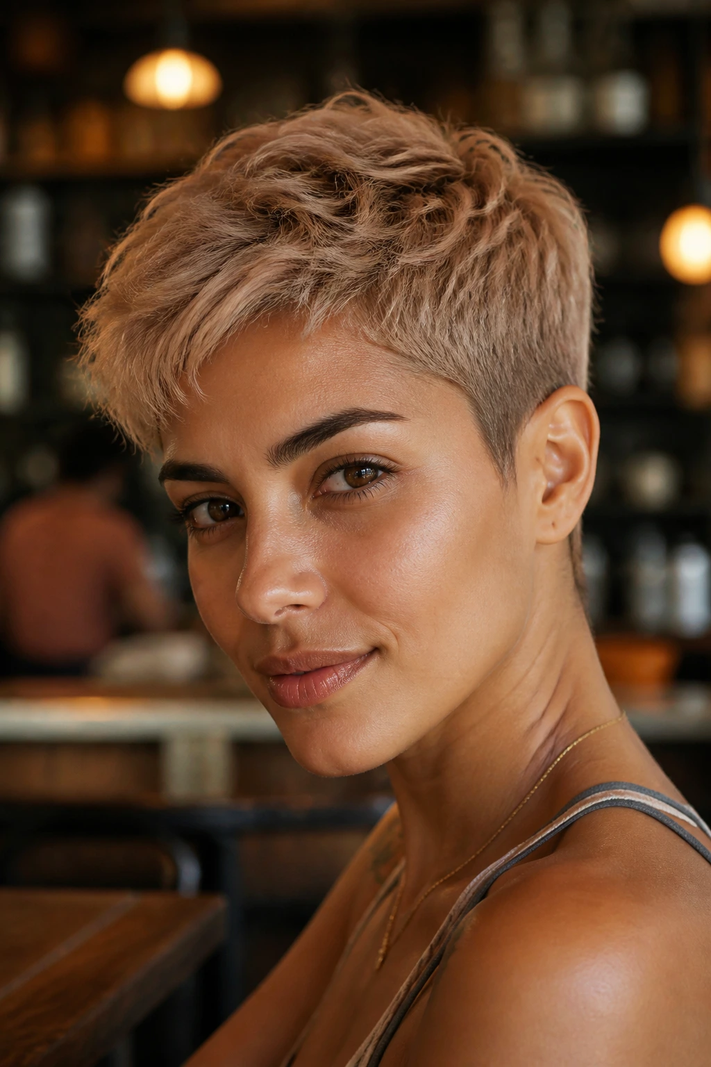 Portrait of a real woman with apricot blonde pixie on olive skin under warm cafe light.