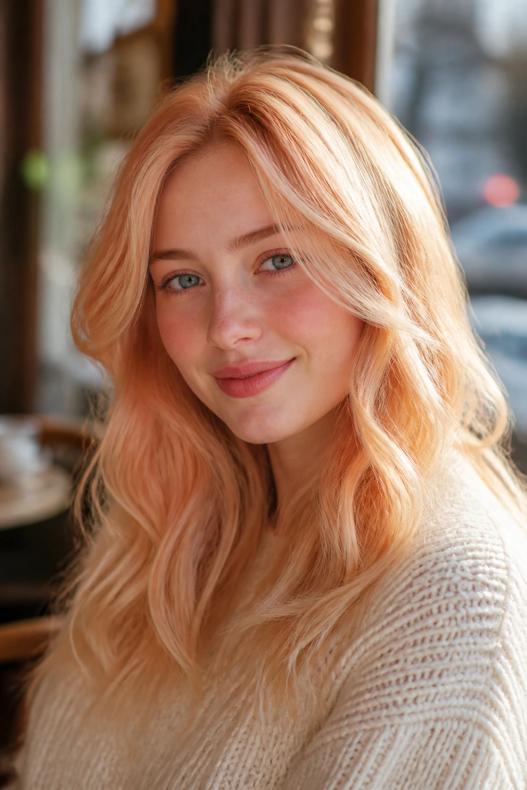 Close-up portrait of a real woman with apricot blonde hair in warm light