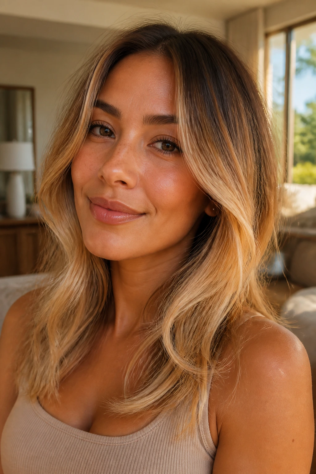 Close-up portrait of apricot blonde veil hairstyle on tan skin with heart-shaped face