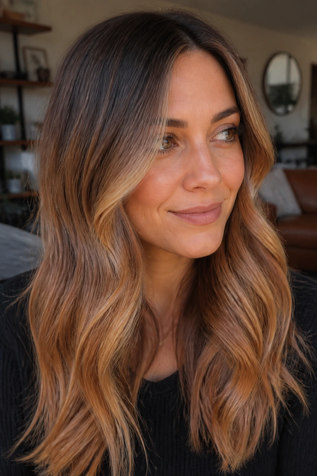 Close-up of apricot bronde balayage on a real person's hair in a cozy living room