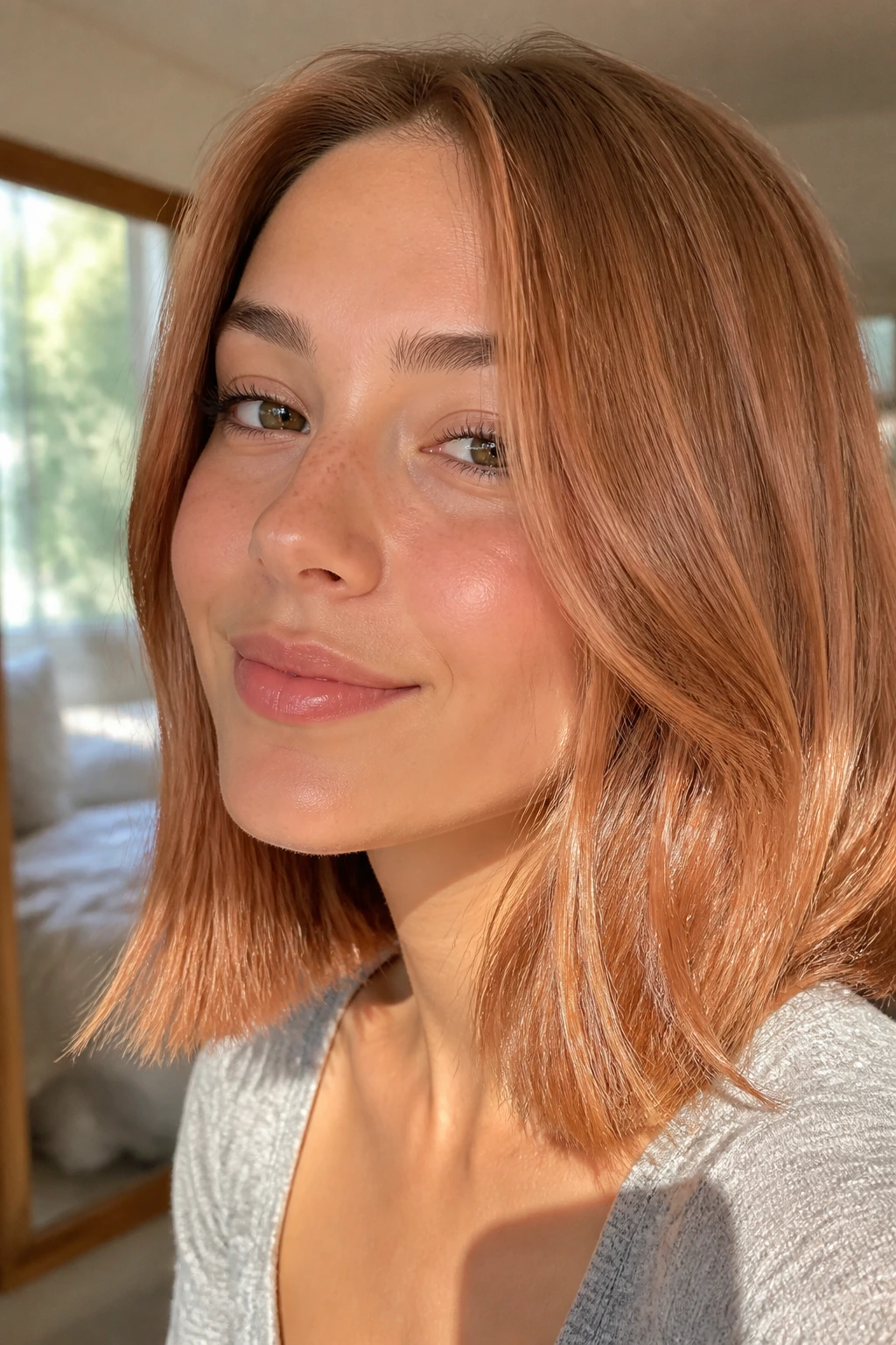 Close-up of a real person with apricot brown gloss hair in warm natural light