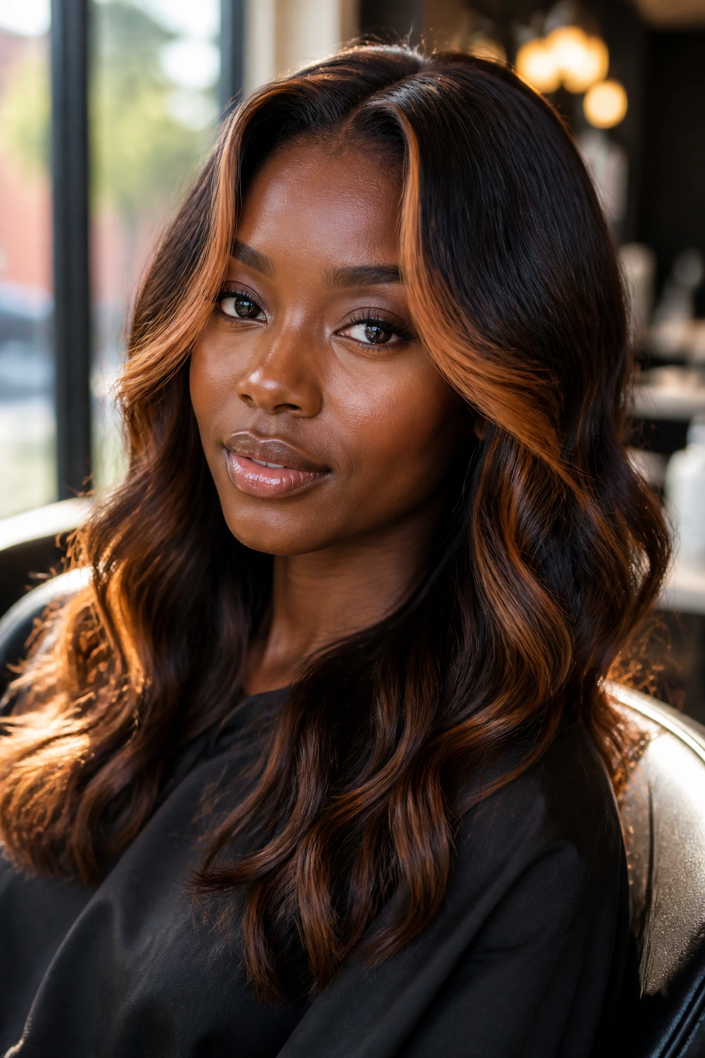 Close-up of deep skin tone woman with apricot-brown face-frame highlights in brunette hair