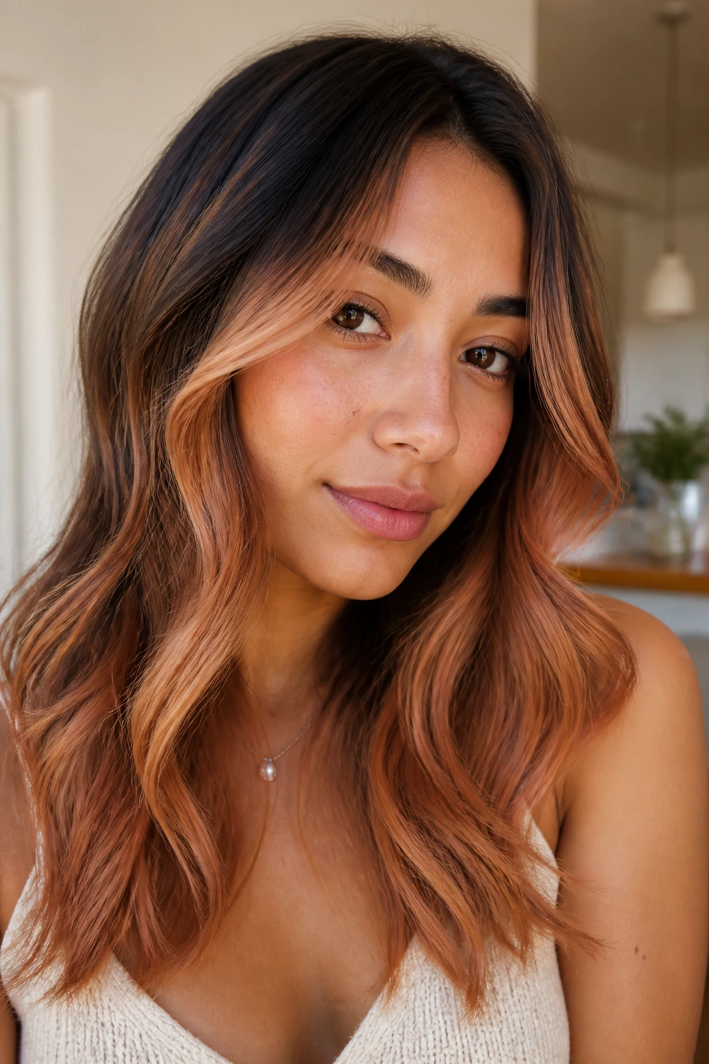 Close-up of a real woman with apricot strawberry melt on brunette hair.