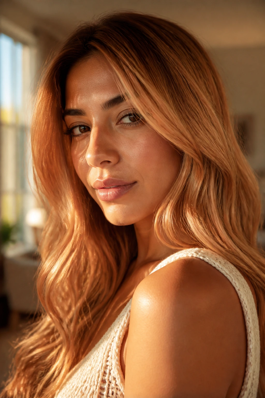 Close-up portrait of a person with apricot caramel lift hair on olive skin.
