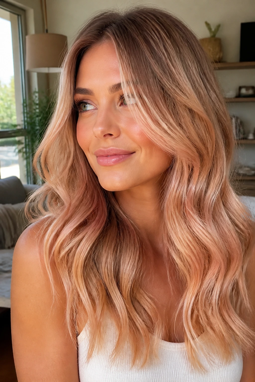 Close-up portrait of a real woman with apricot champagne ribbons in hair