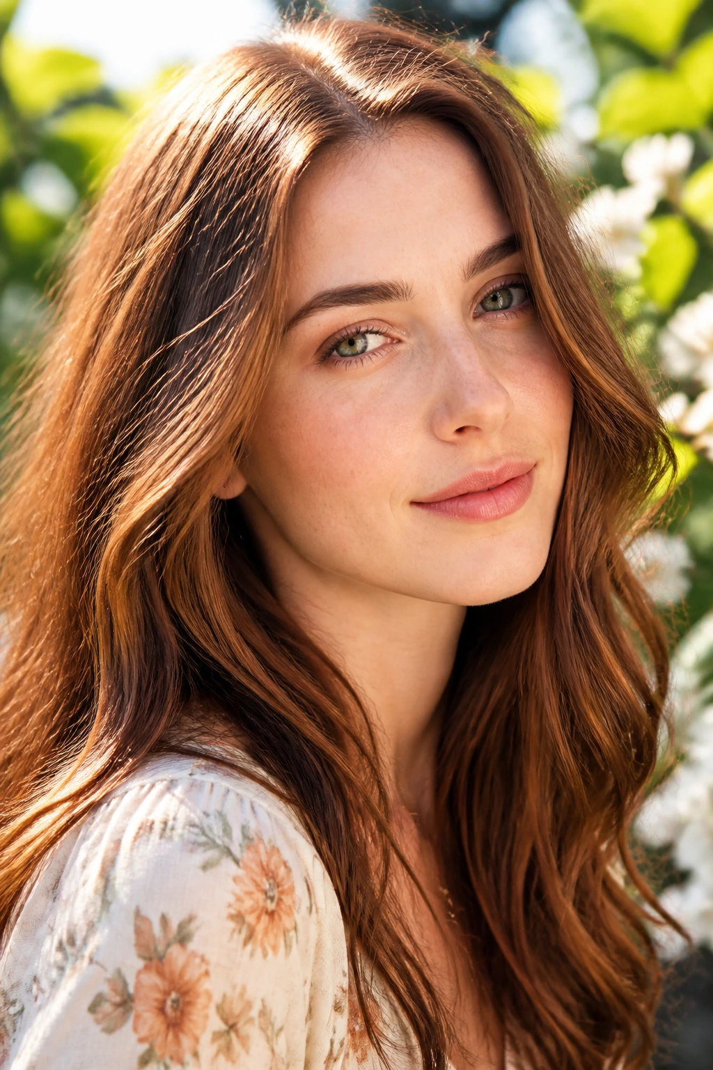 Close-up of a real woman with apricot-kissed chestnut hair in sunlight