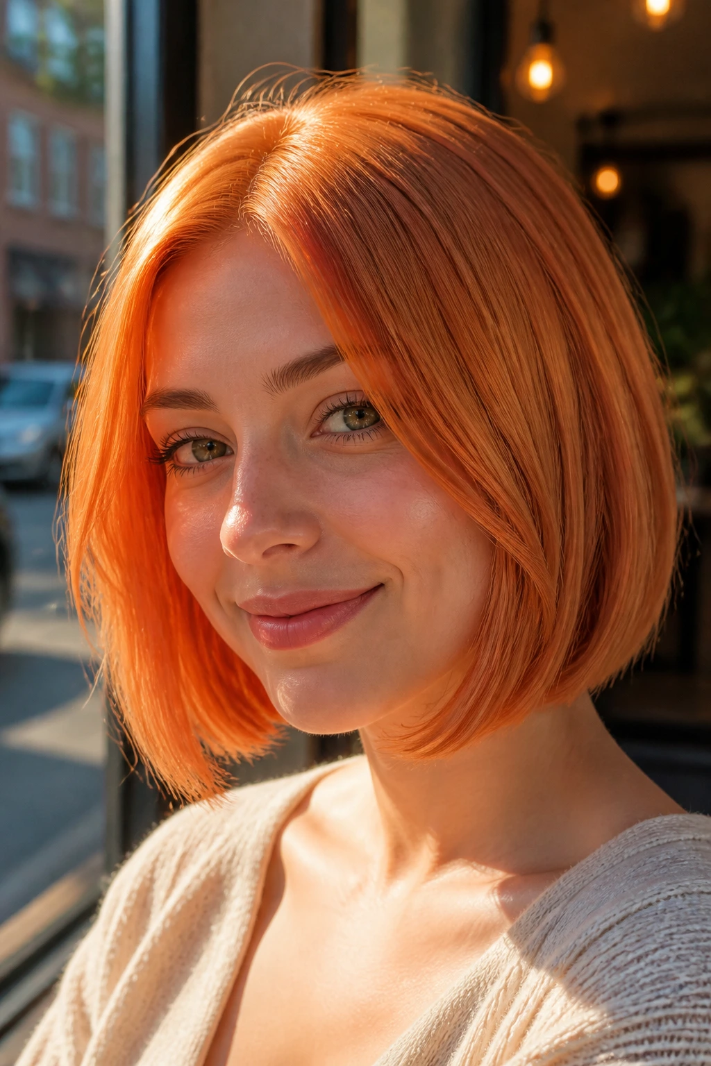 Close-up of a real person with an apricot copper bob in sunlit cafe light